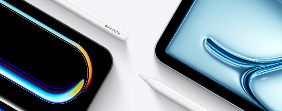 iPad Proの右上角とApple Pencil Proの上部が並んでいる。iPad Airの左上角とApple Pencil（USB-C）の先端が並んでいる。