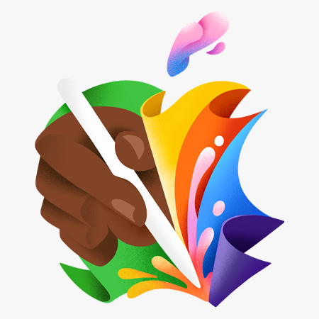 Papel con pliegues en verde, amarillo, naranja y azul que forman el logo de Apple. Dentro del logo, una mano lista para dibujar sostiene un Apple Pencil. En la base del logo, la presión del Apple Pencil crea manchas en naranja y rosado que salpican hacia arriba. El tallo de la manzana de Apple es una gota rosada, azul y morada que flota por encima.