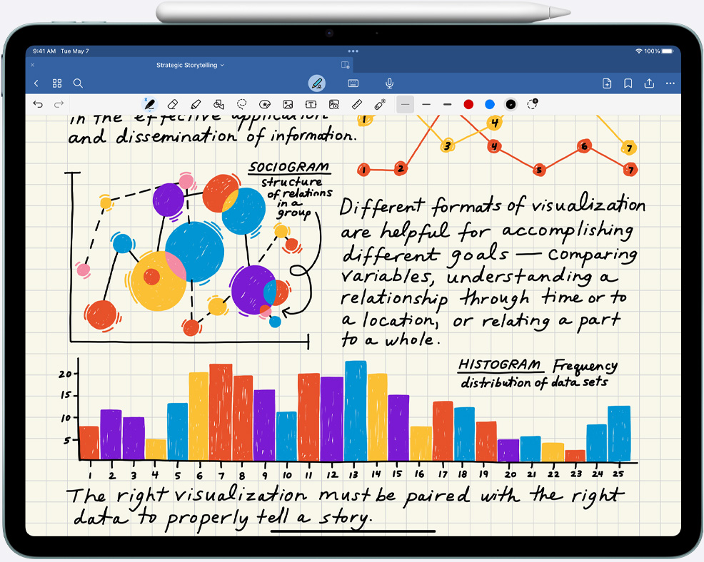 Odręczne notatki i schematy na iPadzie Air, Apple Pencil Pro przyłączony do urządzenia
