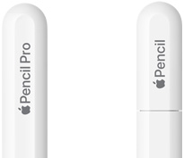 L’estremità arrotondata di una Apple Pencil Pro con incisa la scritta Apple Pencil Pro, e l’estremità arrotondata di una Apple Pencil USB-C con la scritta Apple Pencil incisa sul tappo.