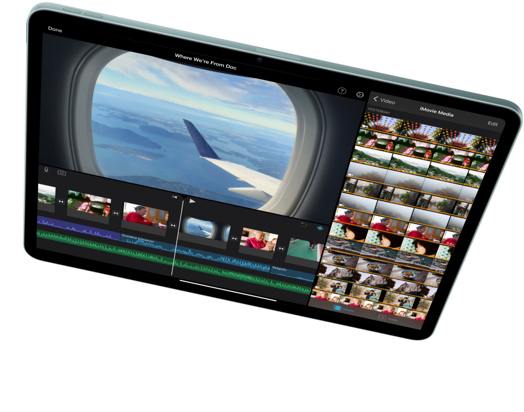 橫向的 iPad Air 圖片，螢幕上正以 iMovie 剪輯影片