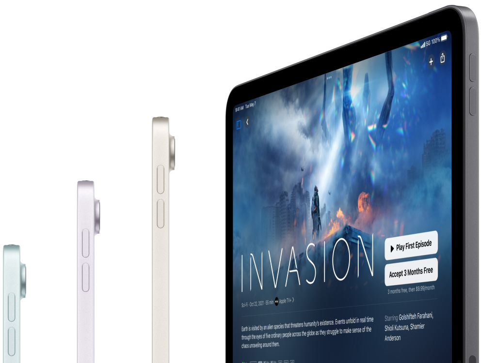 Side view of three iPad Air models, a fourth iPad Air is showcasing Apple TV Plus