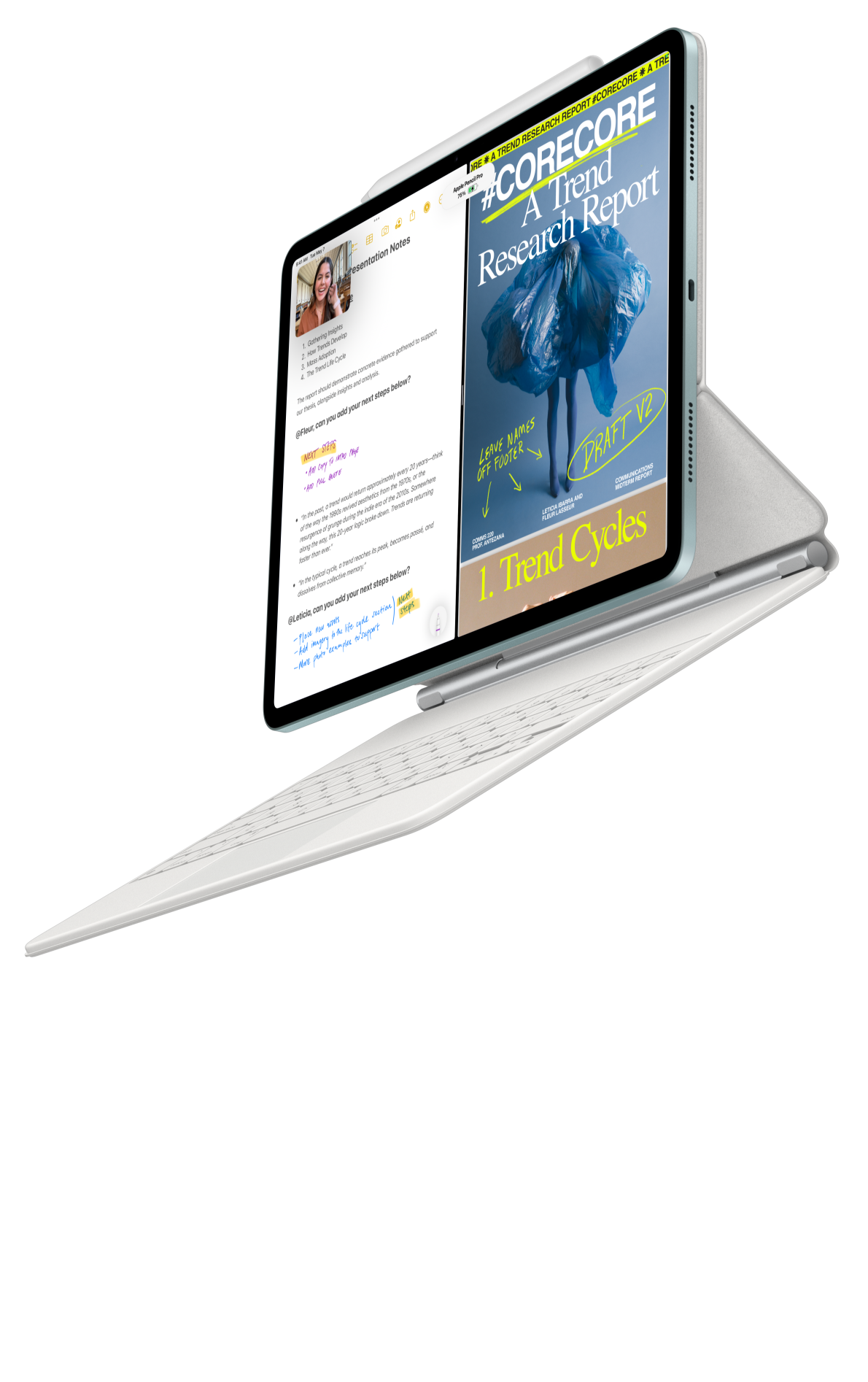 iPad Air 連接至精妙鍵盤和 Apple Pencil Pro
