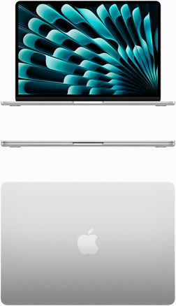 실버 색상 MacBook Air를 정면에서 바라본 모습과 위에서 내려다본 모습