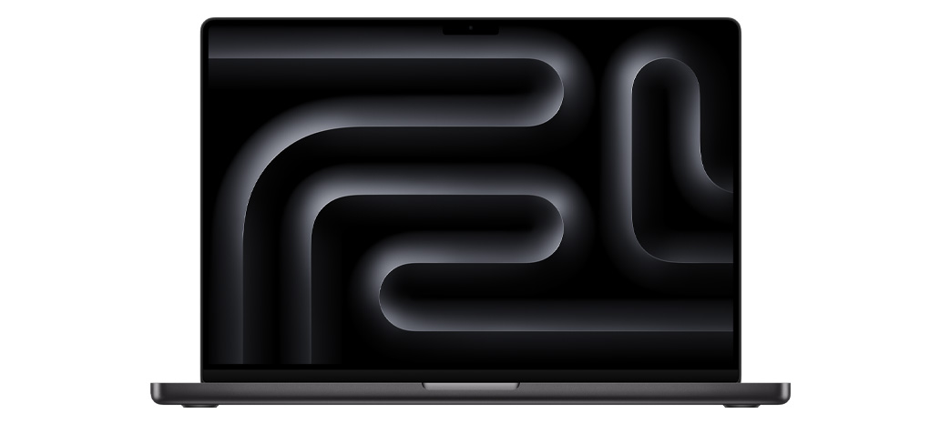 Μπροστινή όψη ενός MacBook Pro που είναι ανοιχτό, στο νέο Διαστημικό Μαύρο χρώμα